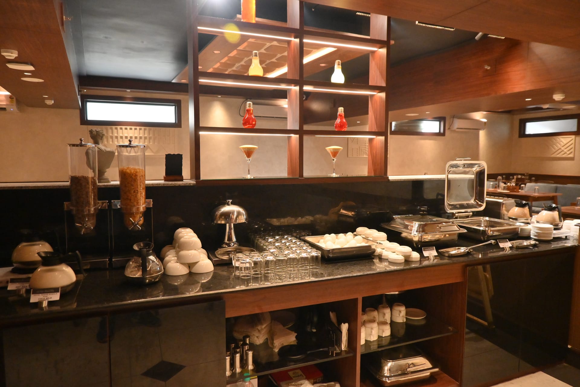 Breakfast buffet counter laid out each morning