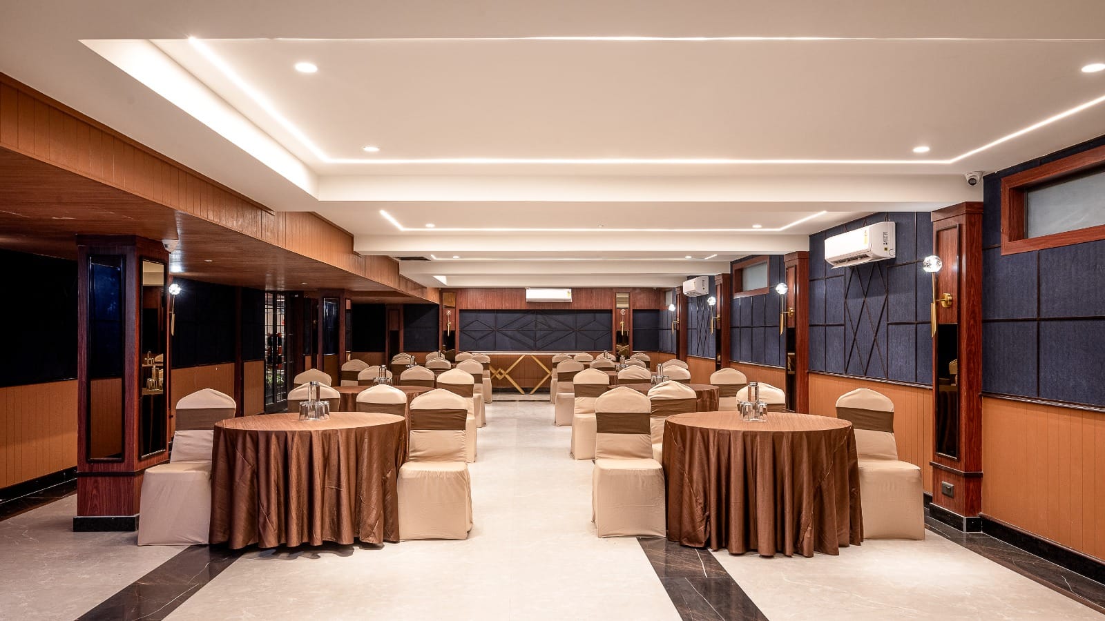 Banquet hall laid out for a wedding reception
