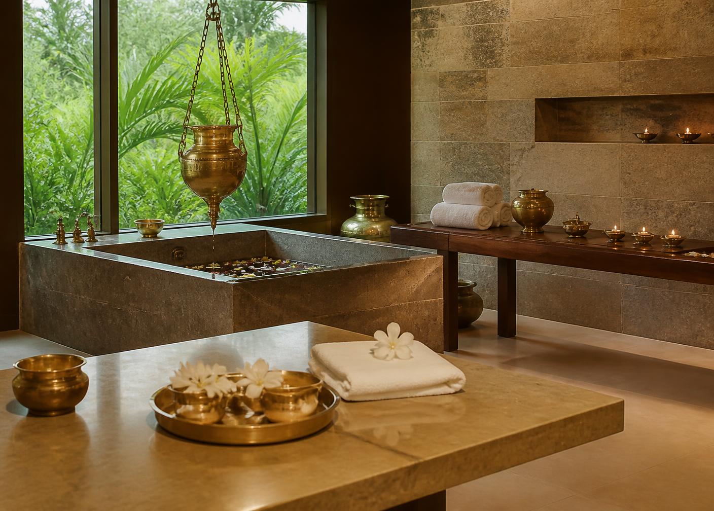 Stone bath and brass vessels at Samudra Spa